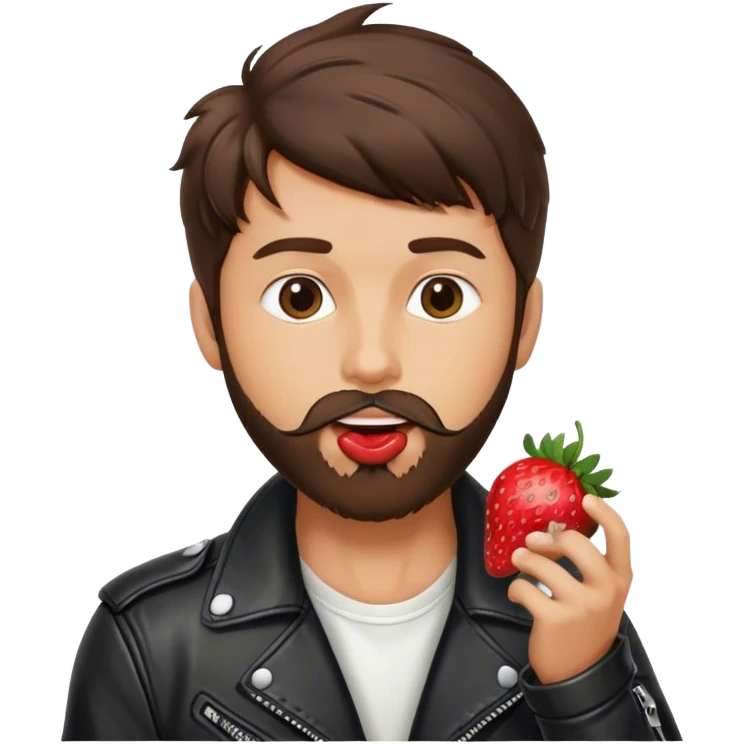 dressed with a black leather jacket, a brunette guy with a beard and toupee licking a strawberry emoji