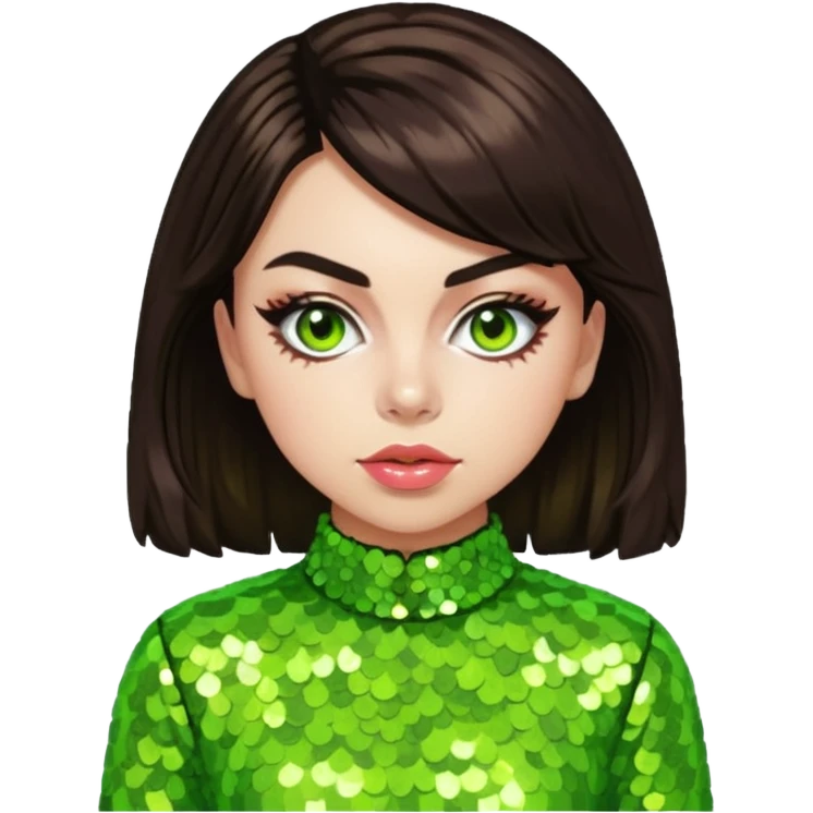 Charli XCX with dark brown hair, lime green sequin outfit emoji