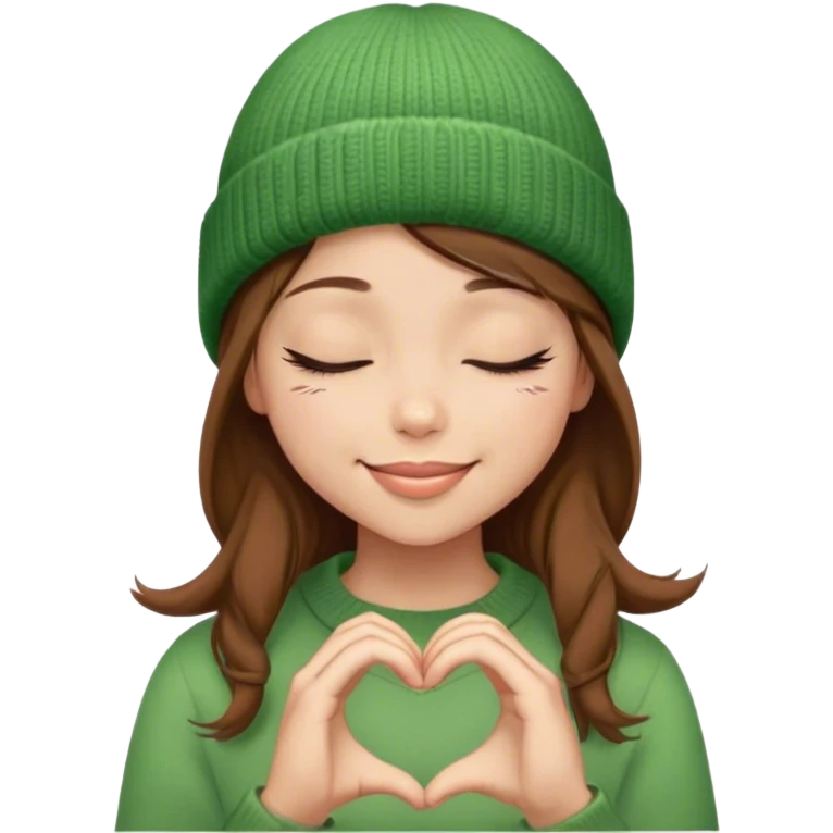 brown hair girl closed eyes stylish in a green beanie hat smiling making heart from her hands  emoji