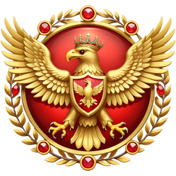 Golden double headed eagle with wings crest / brosch in a circle with red gems and no background emoji