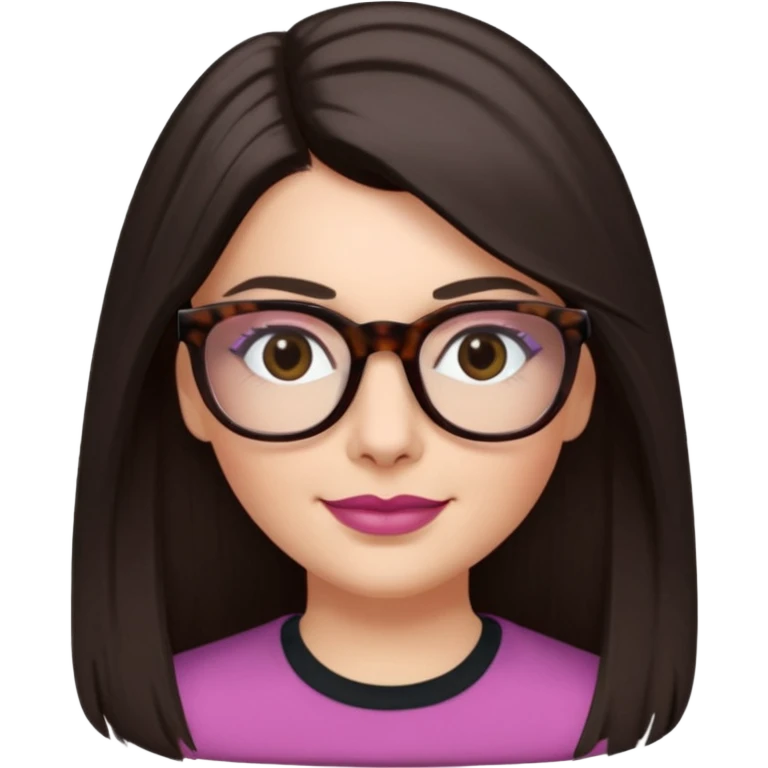 White woman with long straight dark brown hair (hair parted in the middle), dark Brown eyes, light tortoiseshell framed glasses (no pink colour). The lips have soft dark old pink coloured lipstick, and lith smile (no teeth showing). No shaddow make-up in the eyes. emoji
