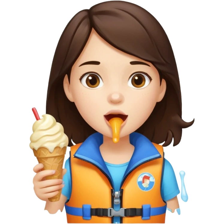 girl brunet kid wearing lifejacket, eating ice cream emoji