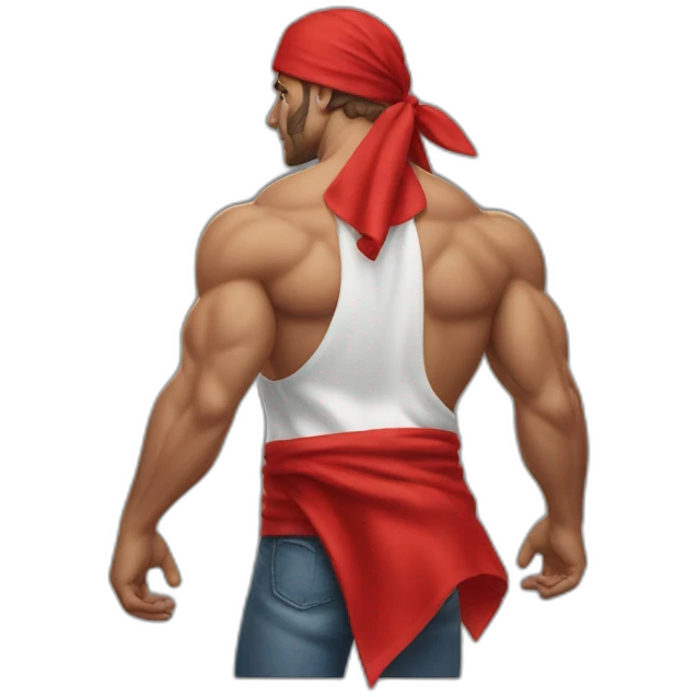 muscular man in red bandana turning facing away from the viewer turning his head back to face the viewer,torso emoji