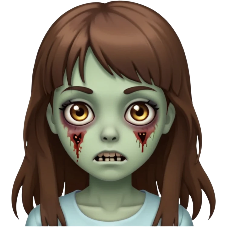 Zombie girl emoji with long brown hair, bangs, big black eyes emoji