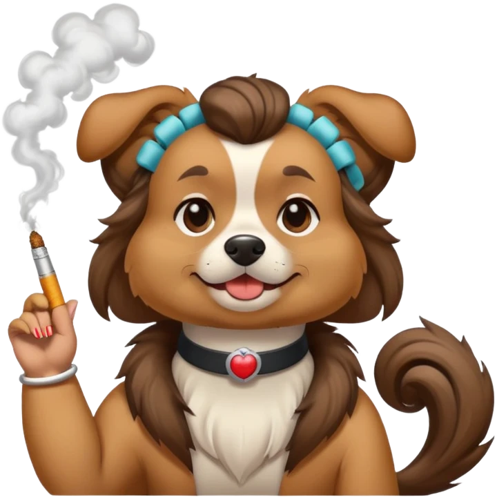 A dog with rollers and smoking a cigarette emoji