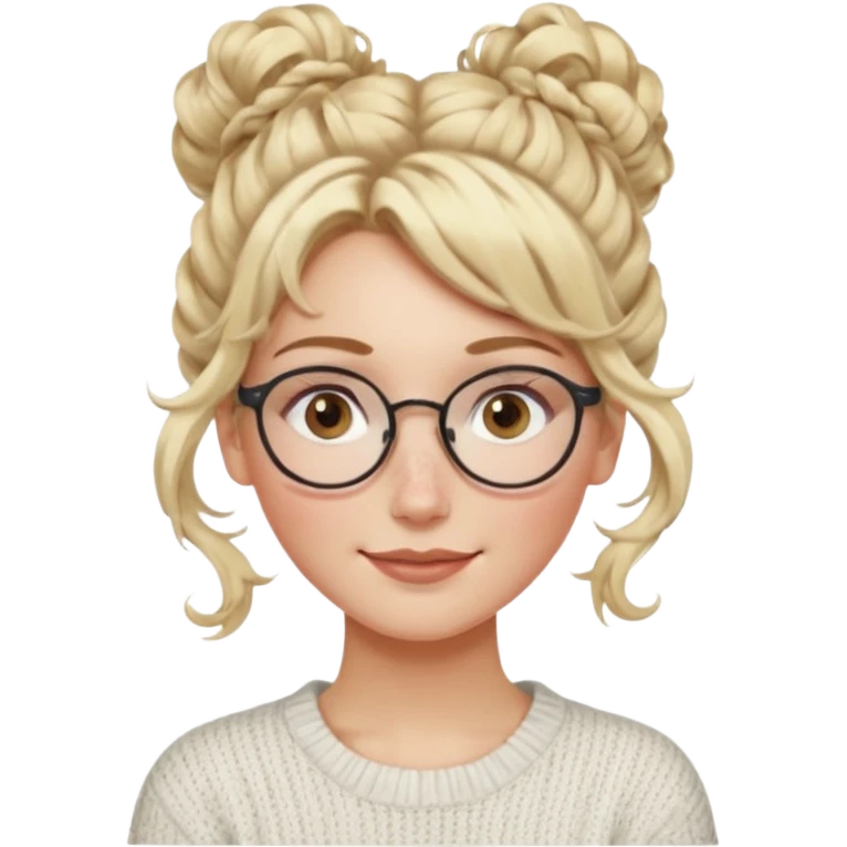 blonde hazel eyes woman with a white cable knit sweater and clear glasses on her head and a curly messy bun with tendrils of hair flowing down her face and she is happy pale, some freckles, blush. she has a cateye wing and long lashes emoji