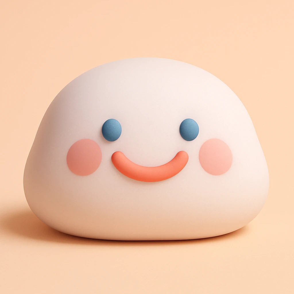 a happy mochi character with a big smile, soft pastel colors, mochi style emoji