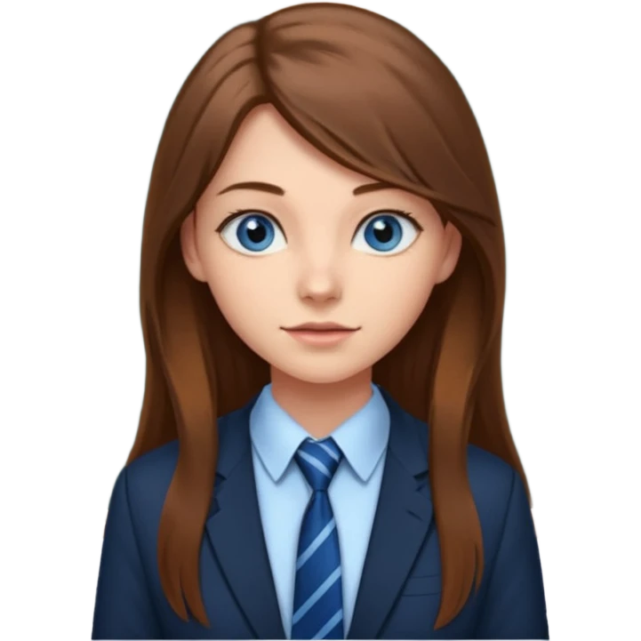 high school class room with a blackboard, with a pretty female high school student with long brown hair, blue eyes, wearing a tie emoji