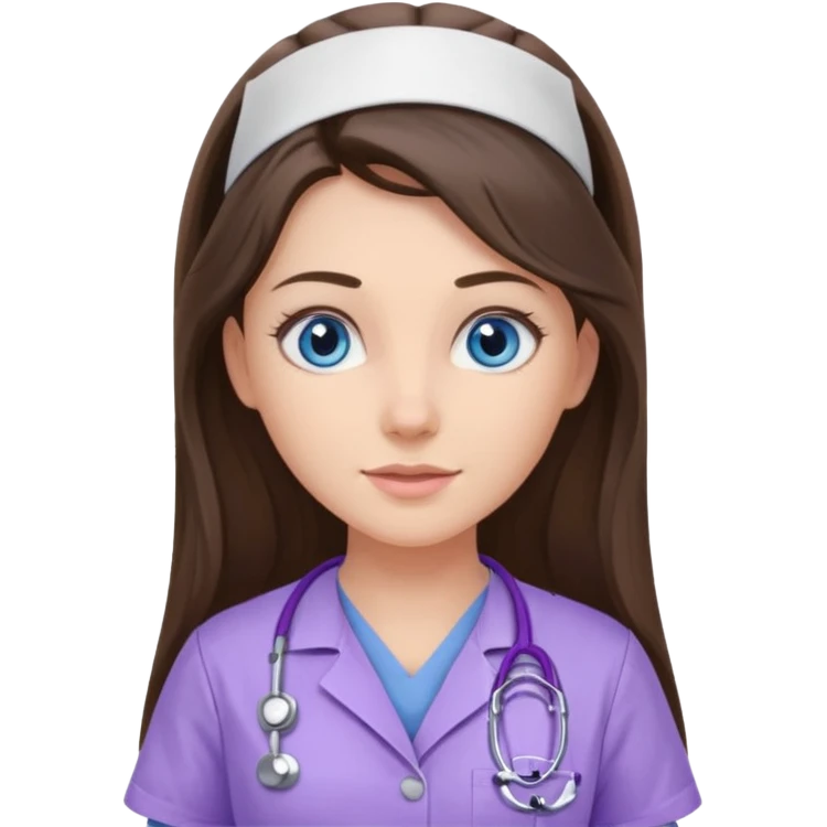 pretty brunette nurse with long hair and blue eyes in lilac scrubs emoji