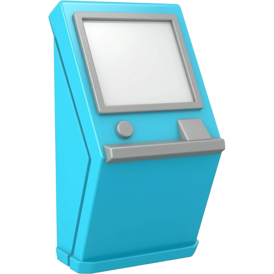 a turquoise digital kiosk with blank screen emoji