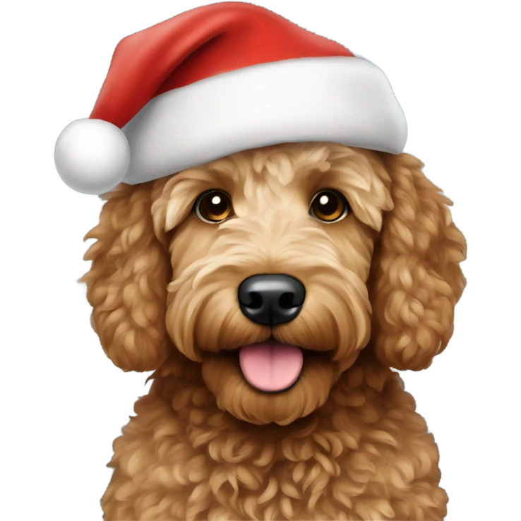 Brown mini Goldendoodle with Santa hat emoji