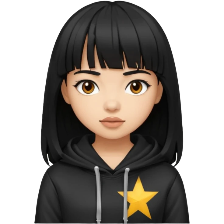 black-haired girl with bangs and light skin with brown eyes and a rockstar hoodie  emoji