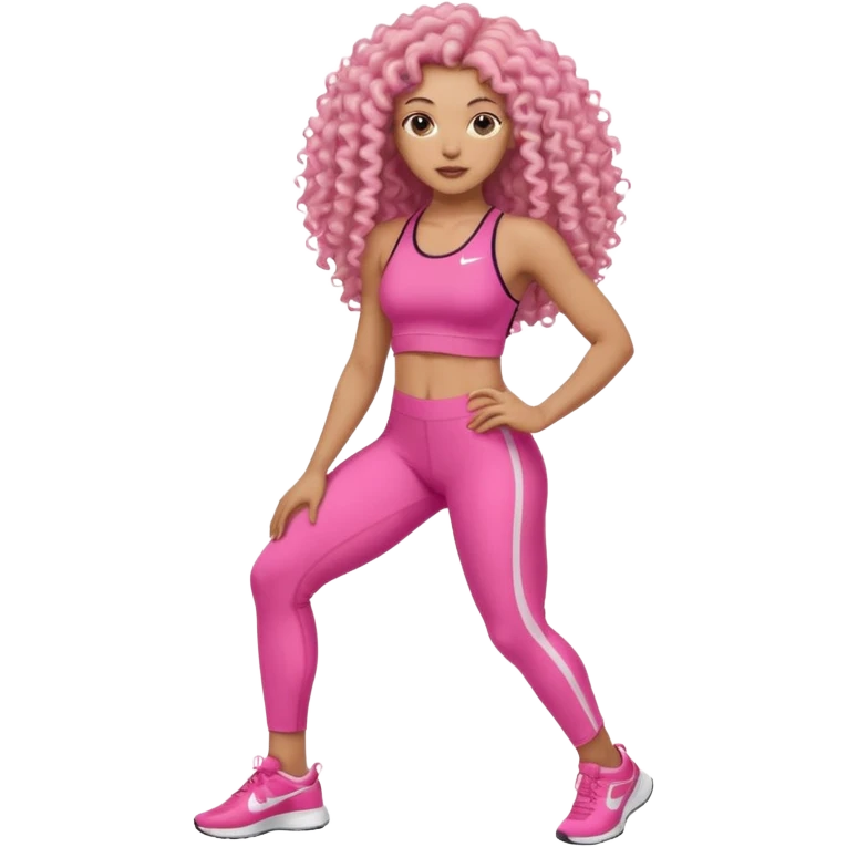 Uma mulher negra da pele clara com cabelo cacheados bem longo até a bunda  sem tanto volume no cabelo e um corpo atlético com roupa rosa  emoji