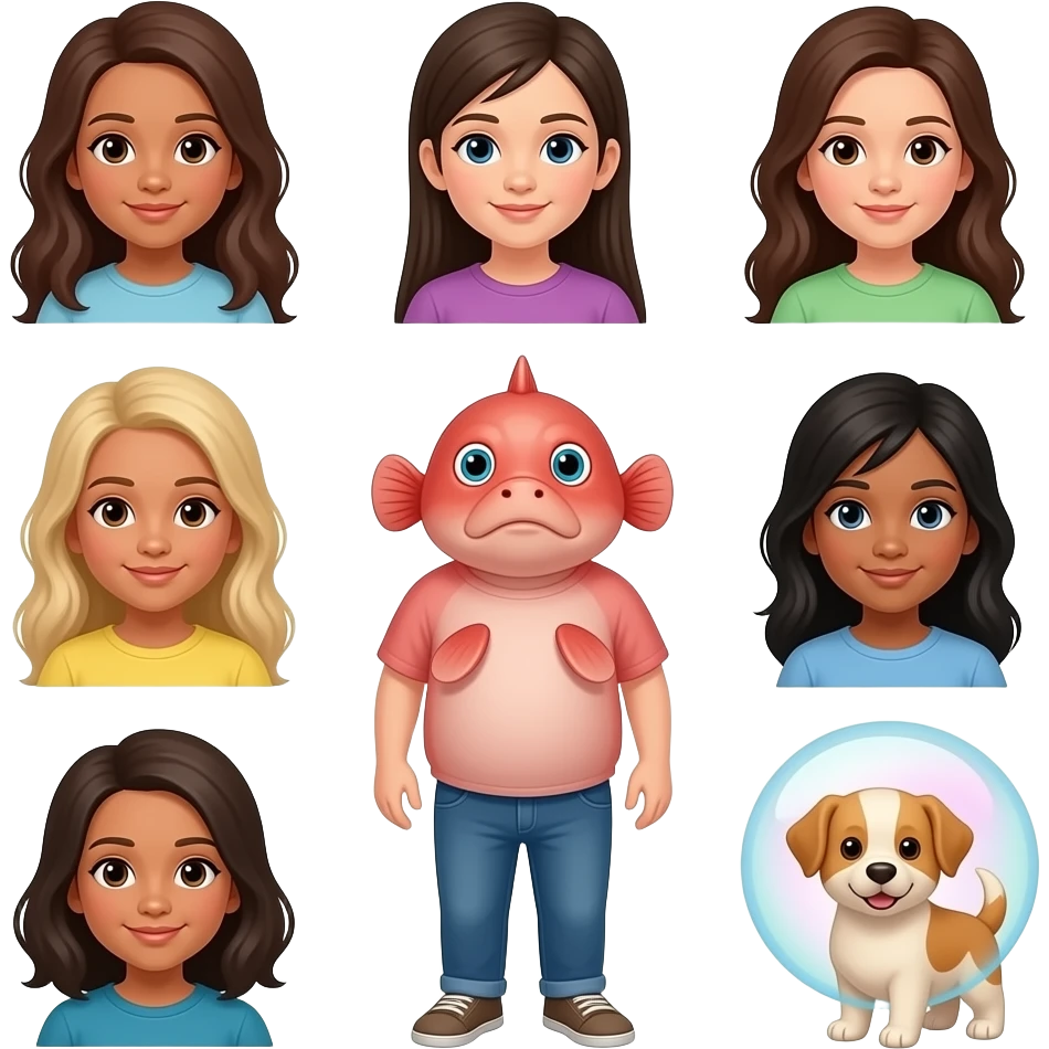 Bubble guppies: Molly, Gil, goby, Deema, Oona, nonny, Zooli, Mr grouper, and bubble puppy emoji