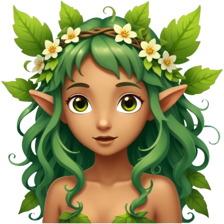 Cinematic Realistic Forest Nymph Fairy Portrait, head tilted playfully and inquisitively, showcasing a nature-inspired form with intricately detailed, sunlit tanned skin and cascading hair interlaced with leaves and blossoms. Her bright, curious eyes sparkle with forest mischief, rendered with lifelike clarity and warm, dappled lighting that captures the spirit of an enchanting woodland fairy ready to dance among the trees. emoji