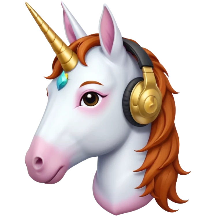 headphone wearing unicorn with dark ginger hair emoji