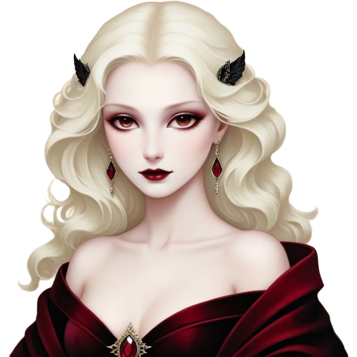 Cinematic Noble Vampire Portrait Emoji, Elegant and commanding, with a refined, pale visage framed by dark, velvet accents and a hint of crimson, exuding timeless seduction and dangerous allure, simplified yet exquisitely detailed, glowing with a soft nocturnal radiance and a subtle, mysterious outline that captures the regal spirit of an immortal lord of the night! emoji