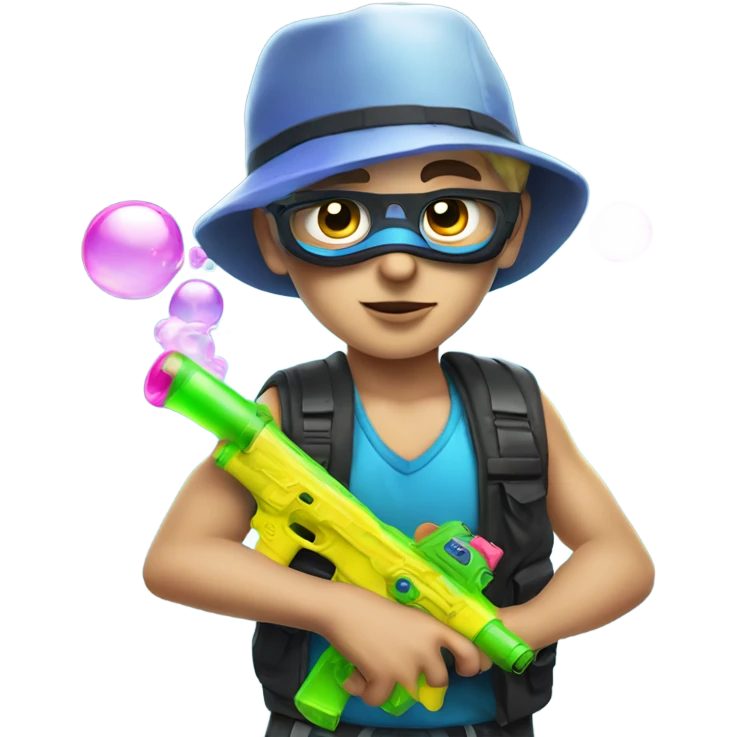 Caucasian boy in rave gear with mask and hat and shooting a bubble gun emoji