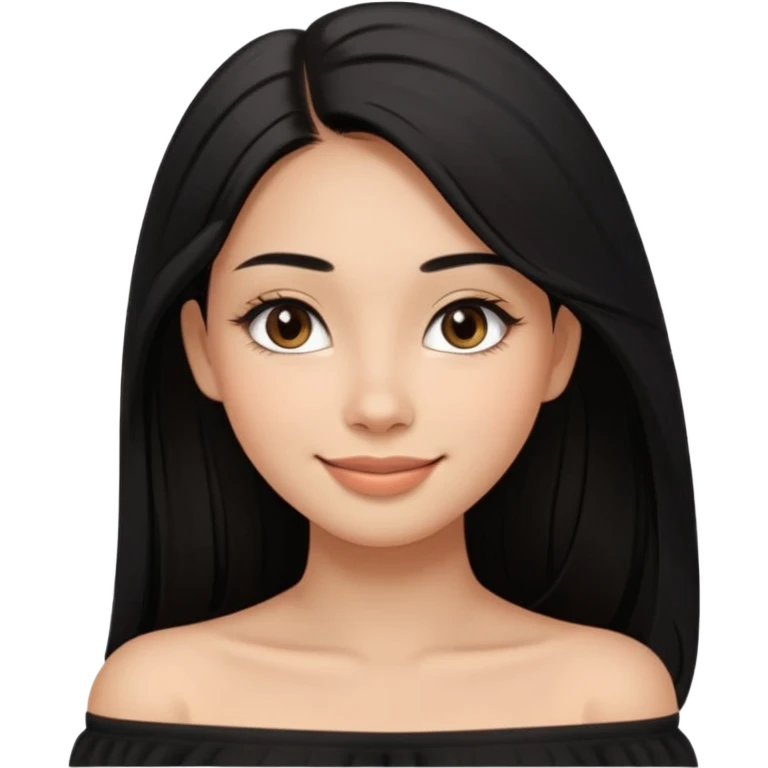 A realistic 3D avatar of a young woman with a soft oval face, slim cheeks, natural almond eyes, long straight black hair, minimal makeup, wearing a black off-shoulder top, elegant and aesthetic, brown skintone, add nosepin at left side.  emoji