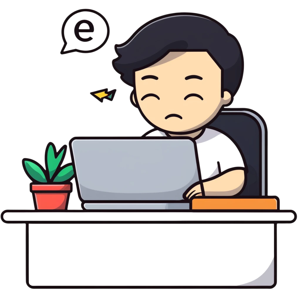 Person taking a deep breath with eyes closed, sitting at desk with email notification on screen emoji