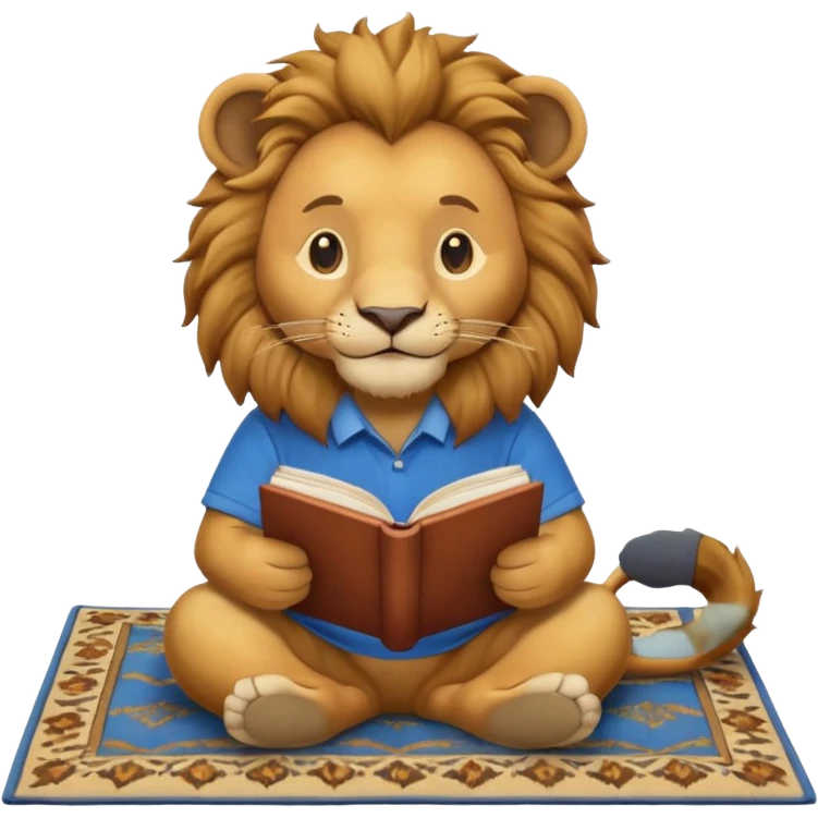 Happy lion reading  on a carpet with blue shirt on emoji