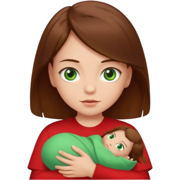 a girl with brown strait hair and has baby green eyes has a red t-shirt emoji