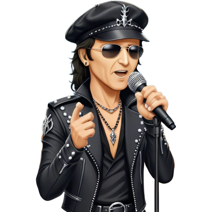 Icon for Rock Music: Klaus Meine holds a microphone stand in his hands performing with Scorpions on stage, with powerful stage presence. The vibe should capture the energetic and iconic sound of Scorpions, with vibrant lighting and a stadium atmosphere. Transparent background. emoji