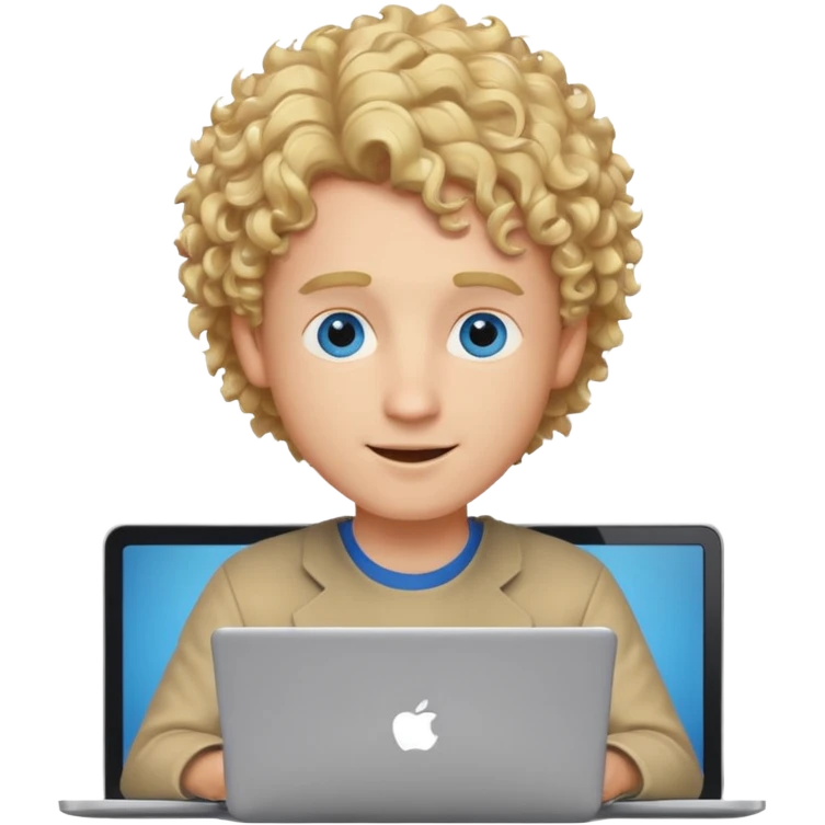male coder with blonde curly hair and blue eyes, at a laptop, cheerful expression emoji