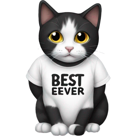 Black and white cat wearing a shirt that says best cat ever emoji