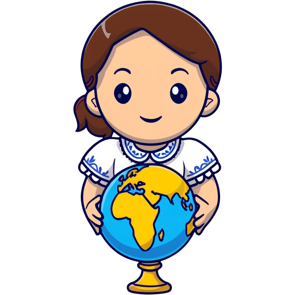 Beautiful young girl with brown hair wearing a white Ukrainian embroidered shirt holding a globe in her hand emoji