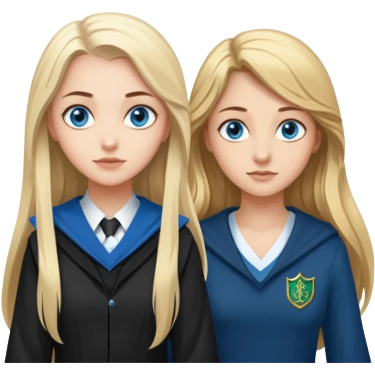 a pretty ravenclaw girl with long brown hair and blue eyes standing with a hot Slytherin girl with long blonde hair, blue eyes and big boobs  emoji