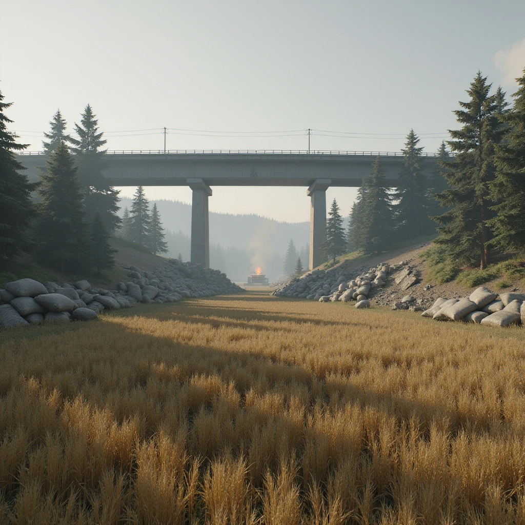  a screenshot of a location in a videogame  the image of the scene consists of: a tall above-ground freeway with a collapsed section in the distance, a wooded area, a small field of wheat, a tall workshop in the distance, and 2-foot tall sandbag wall-fortifications. distant smoke emoji