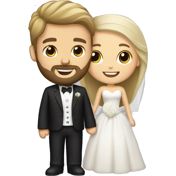 Brunette bride and blond hair/bearded groom. Hugging.  emoji