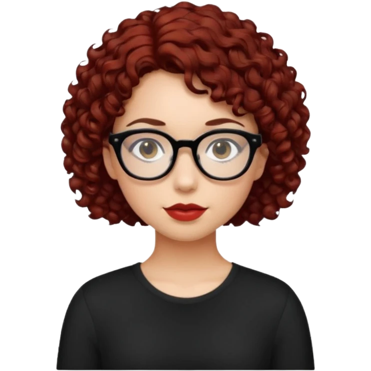 niña con pelo corto con rulos  color negro rojiso con lentes negros emoji