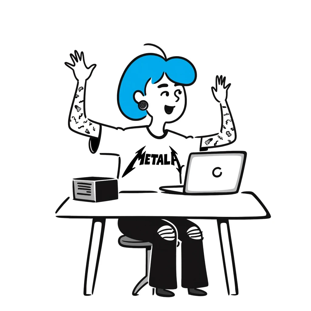 Rock musician girl with half-shaved head and blue hair, arm tattoos, multiple ear piercings, wearing ripped jeans and metal band shirt, sitting at desk with laptop and raising hand enthusiastically emoji