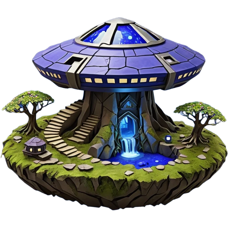 Crashed Alien saucer-castle jungle winding trail mountainside getaway haunted nighttime hobbit landscape antique mudman very old broken cracked intricate Stone Age lapis-crusted irregular dodecagon-shaped shallow dark moss rough bark violet flowered maple treehouse bonsai Saikei coffee table diorama emoji