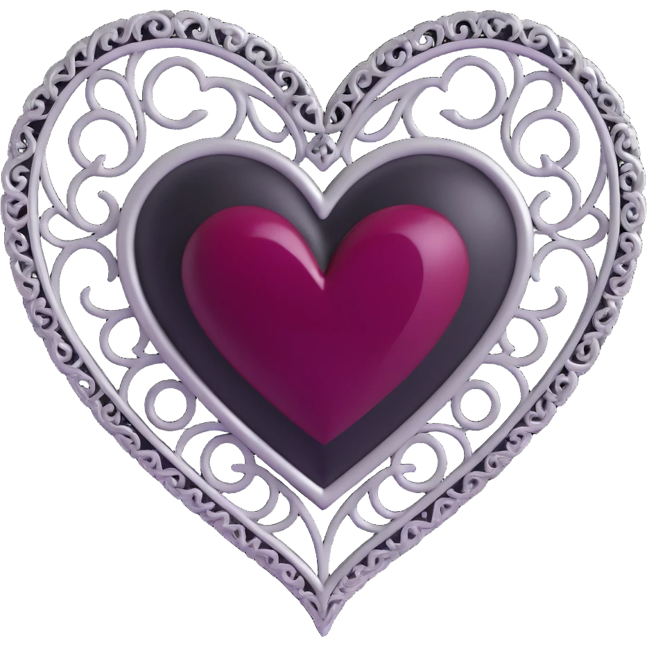 3D emoji gothic heart, black velvet texture, silver filigree details, dark ruby center, ornate and dramatic style emoji