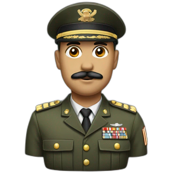 A man with side bangs, a mustache in the form of a square under his nose and a cap with a military uniform emoji