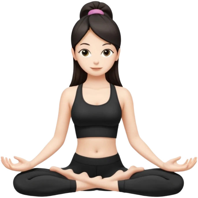 Девушка белокожая, с длинными темными волосами, в черной одежде для йоги, стоит в позе лотоса, в стиле бимбо пилатес, правильные пропорции, только человек, не видно стоп emoji