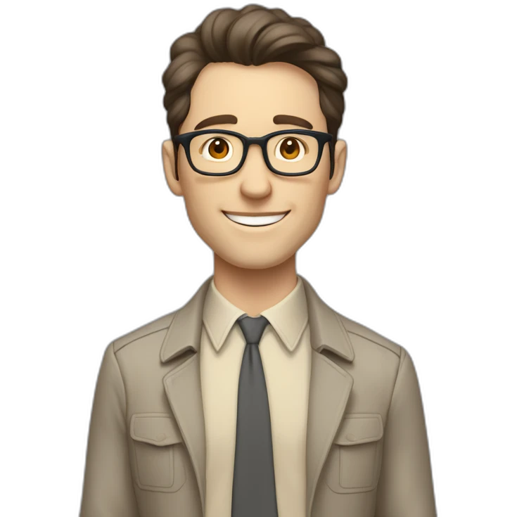Joyful Full height Pale skinned Fit Man With dark brown hair in gray jacket, beige office shirt, Brown pants and vintage glasses. His thrumbs up emoji