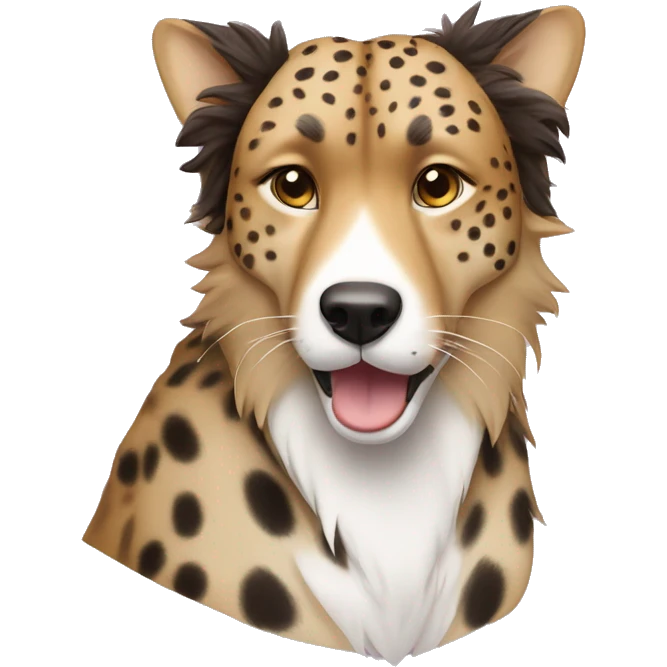 A cheetah wearing a brown bow and chilling with a border collie ￼ emoji