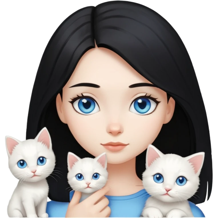Chica con pelo negro hasta los hombros con gatito blanco con ojos celestes  emoji