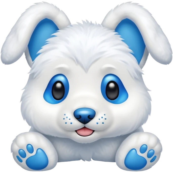 A stuffed animal dog with a blue nose white ears with blue inside the ears blue feat emoji