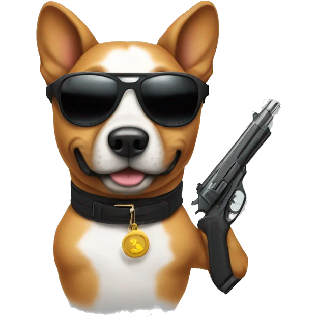 Dog with sunglasses and a gun emoji