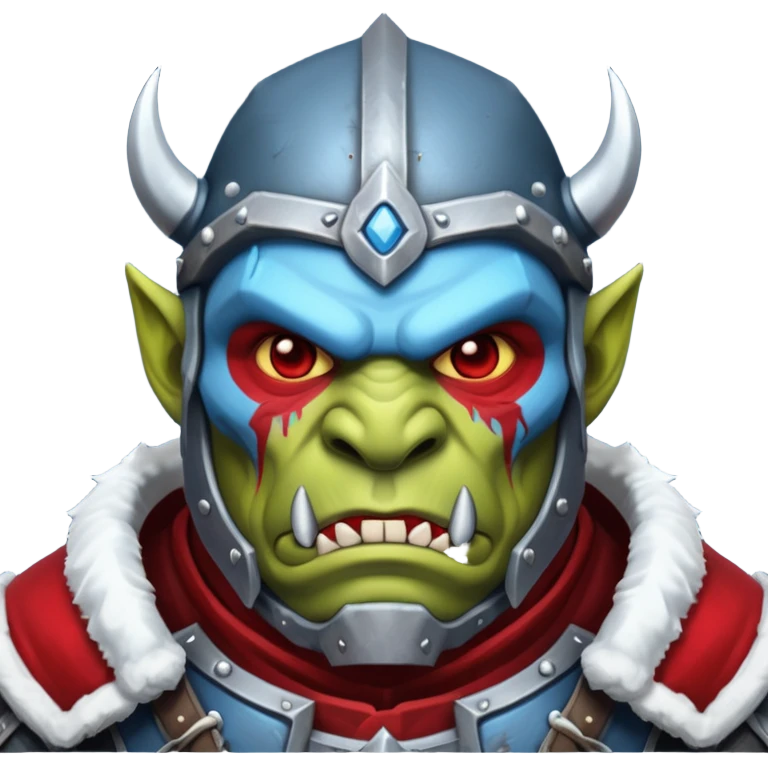 Fantasy Christmas orc legion soldier icon, iron tundra army theme, heavy winter armor, disciplined brutal look, dark icy steel armor with bold crimson cloth and markings, cold blue shadows, high contrast, clean emoji portrait style
 emoji