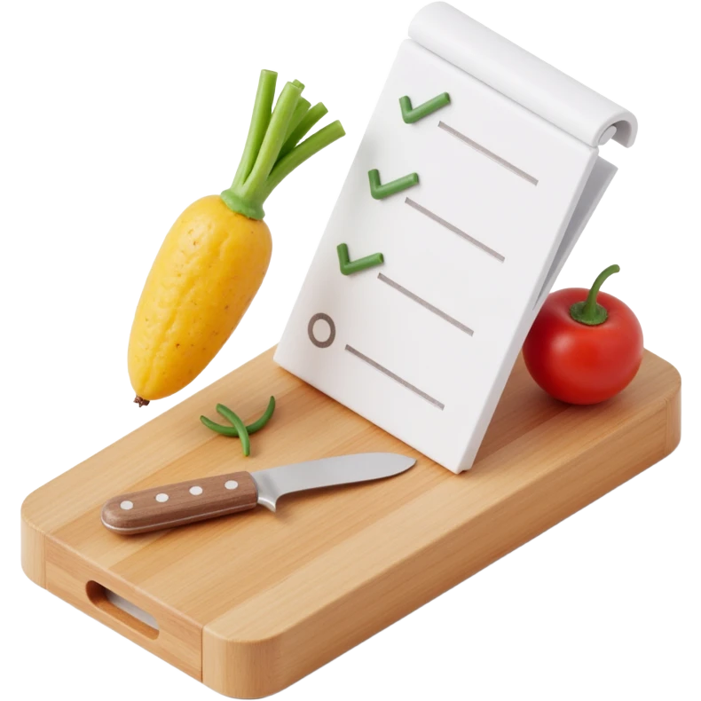 Floating Ingredients Around a List(without text) on the wooden cutting board emoji