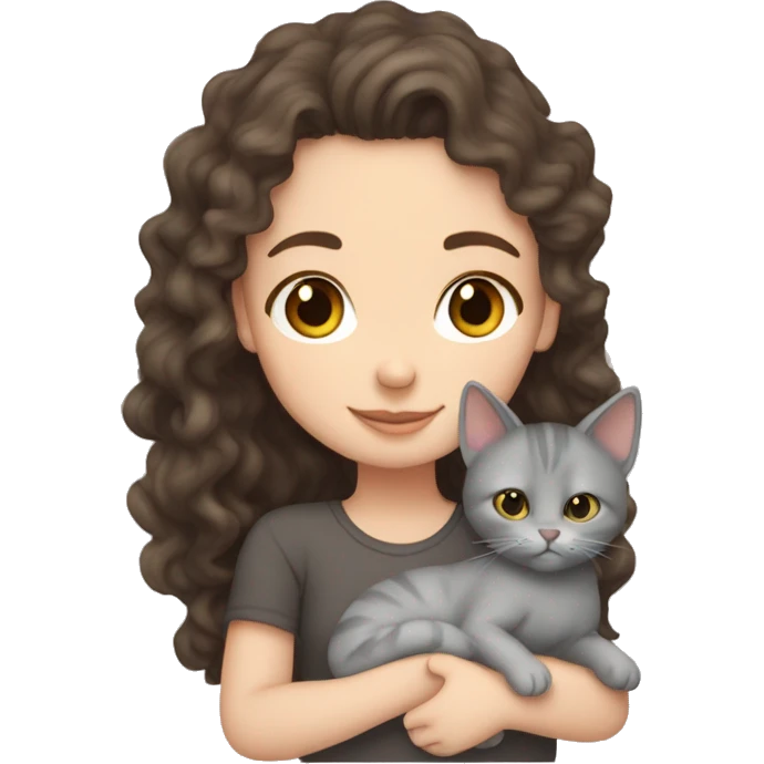 White Girl curly brunette hair cuddling with grey cat emoji