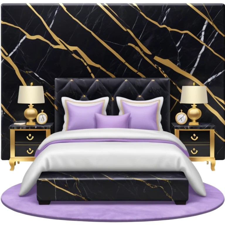 Luxurious black marble bed room with gold and white accents  with a lilac-colored pillow  emoji