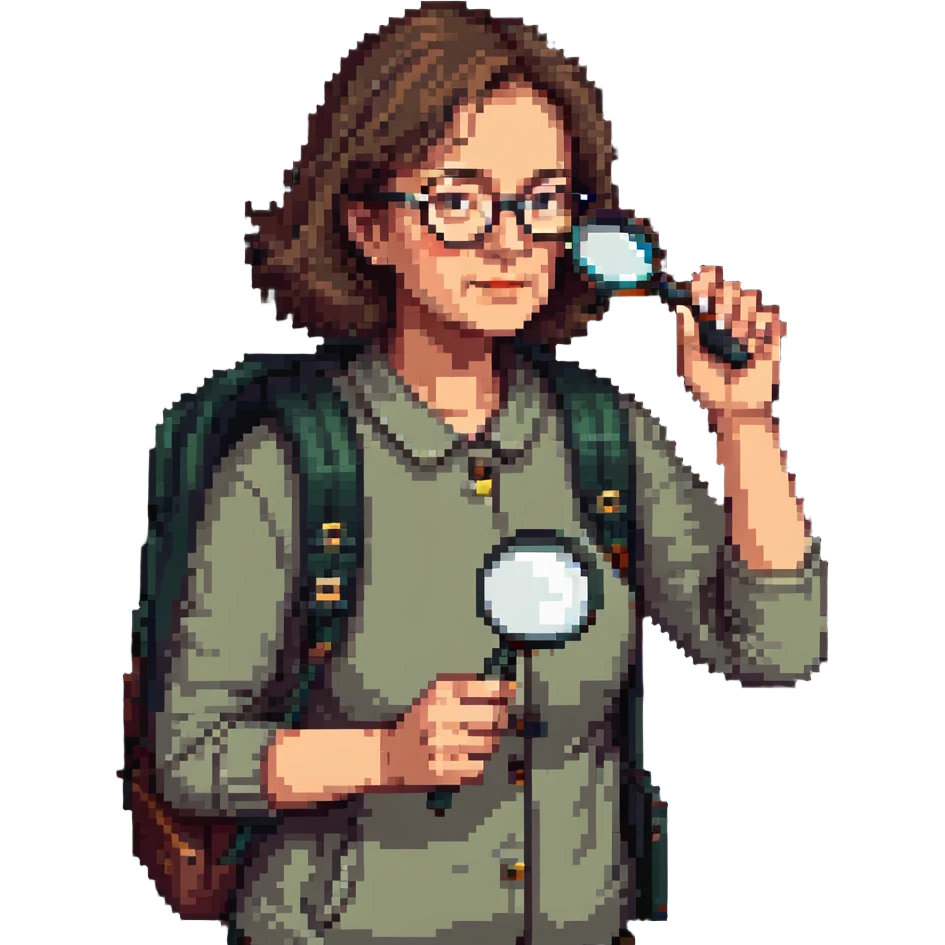 Middle-aged woman hiker with glasses and backpack, using a single magnifying glass emoji