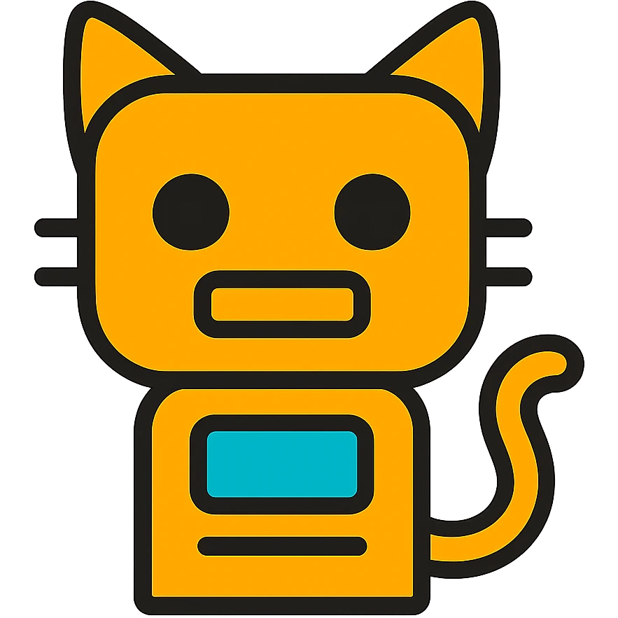 cartoon style emoji mashup of a cat and a robot, flat icon, white background, robot body with cat ears and tail emoji